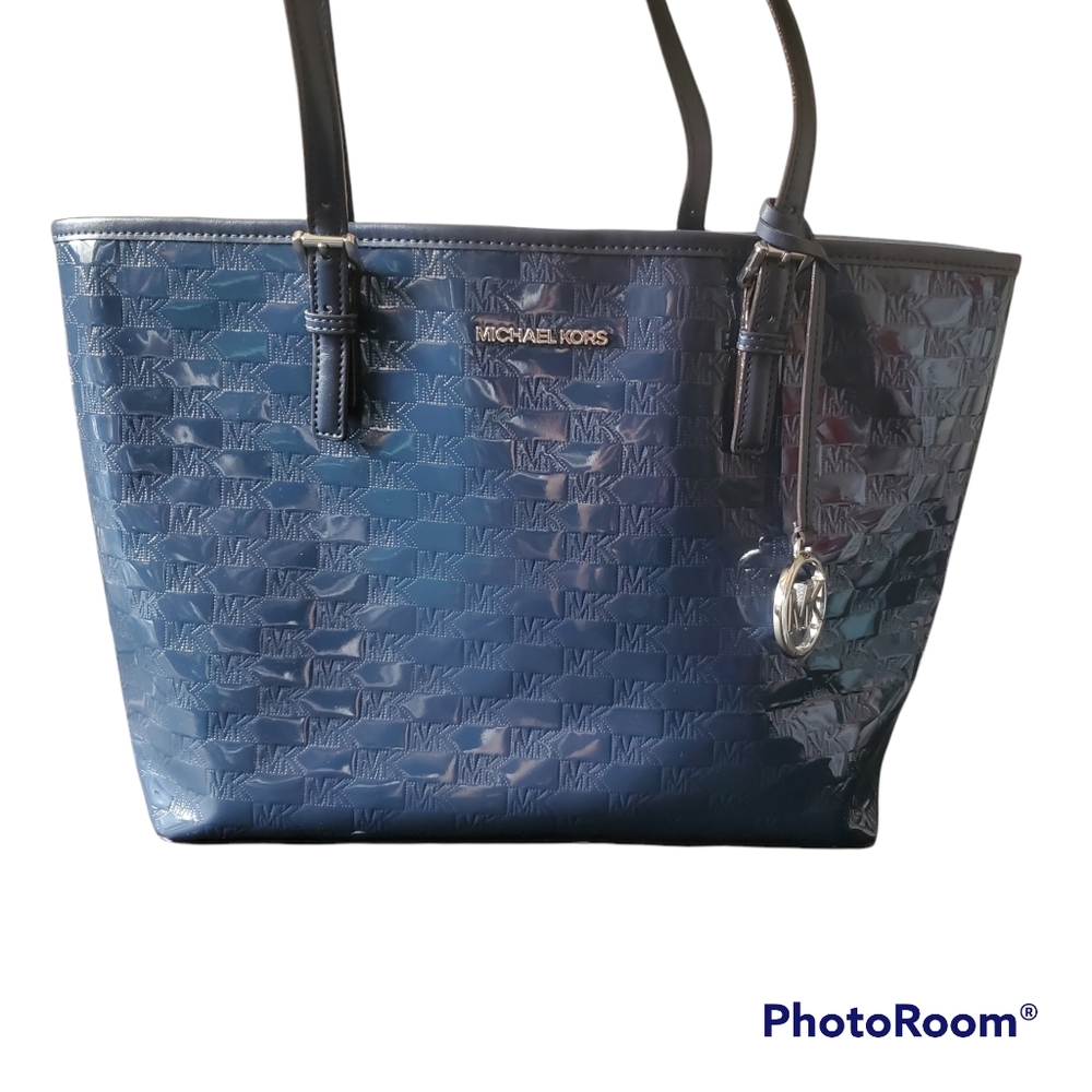 Michael Kors Blue Patent Leather MK Log Tote Bag